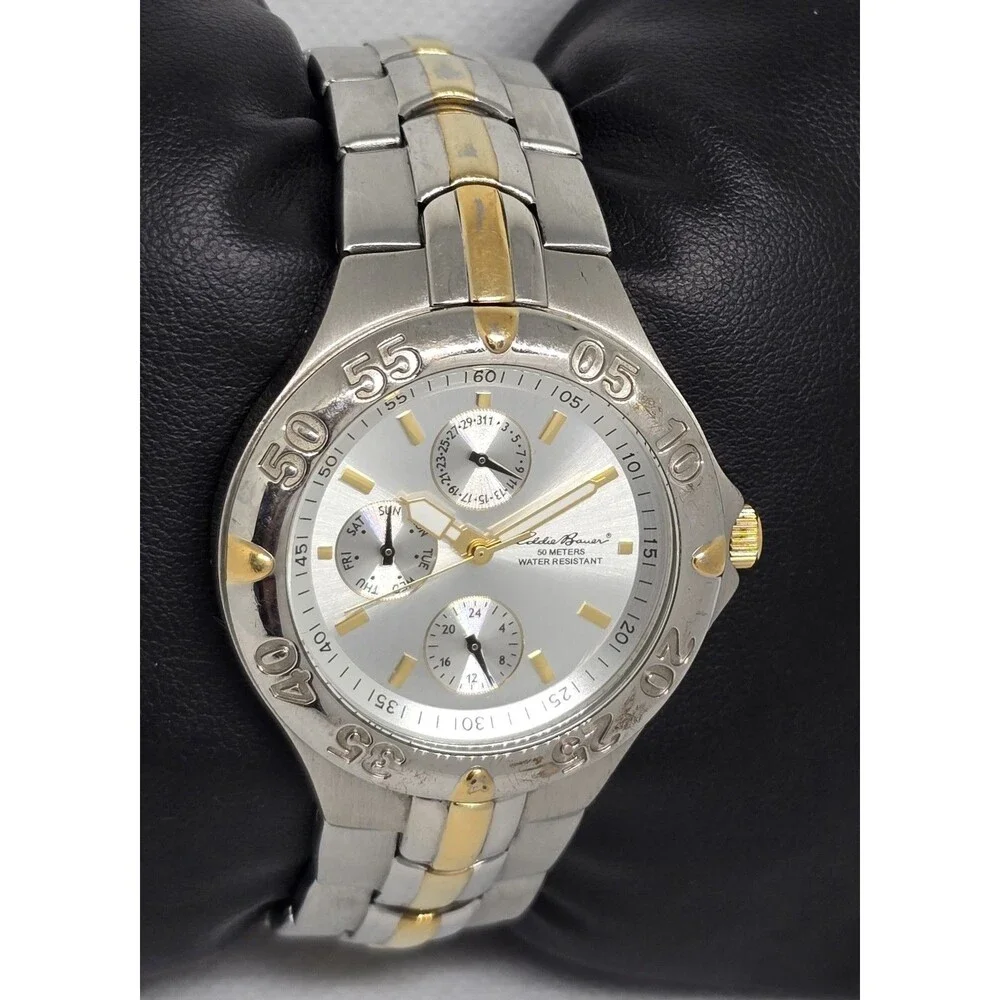 Men's Eddie Bauer Textured 3 Eye Silver Gold Two Tone Case Bracelet Watch 11